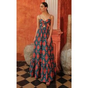 Andres Otalora Menara Cotton Teal Orange Print Sleeveless Dress 0 XS